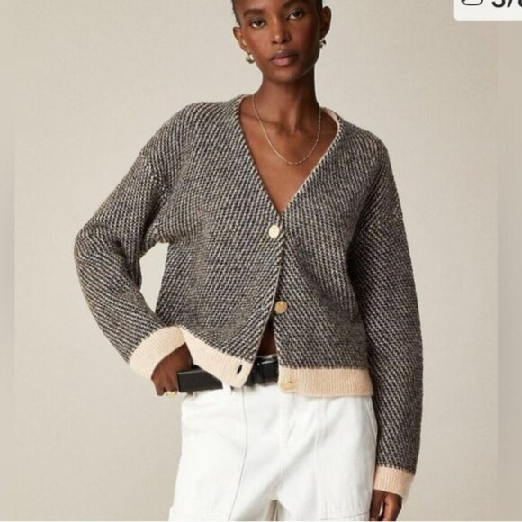 J Crew Cardigan Womens XL Navy Jacquard V Neck Wool Blend Preppy Lady Jacket - Picture 1 of 10